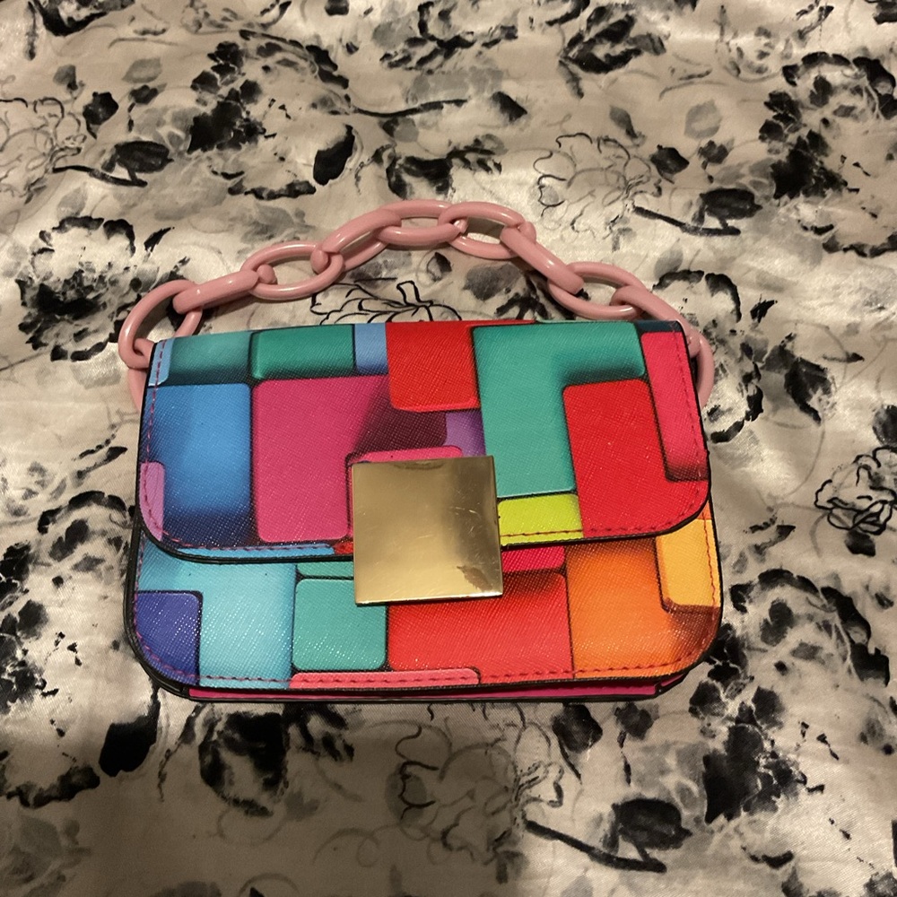 SHEIN Multicolor Geometric Mini Bag with Pink Chain Handle